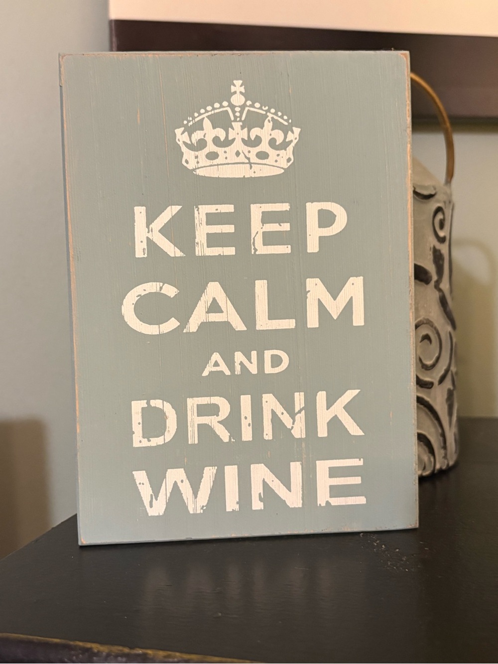Keep Calm and Drink Wine Wood Sign - Pale Blue with White Text
